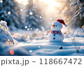 Snowman wearing santa hat enjoying winter snowfall at sunset 118667472