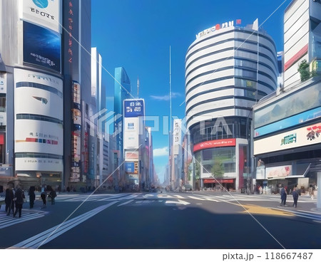 ゲーム背景　現代的な都会の街並みビルト交差点の大通り風景 118667487