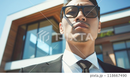 家の前に立つサングラスをかけた強面の男性 118667490