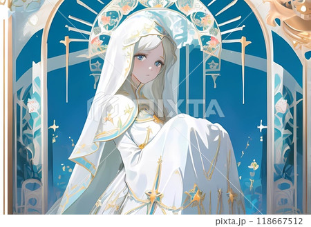 ゲームキャラクター ベールをかぶった10代後半の若い聖女がいる風景 ゲームキャラクター ベールをかぶった10代後半の若い聖女がいる風景 118667512