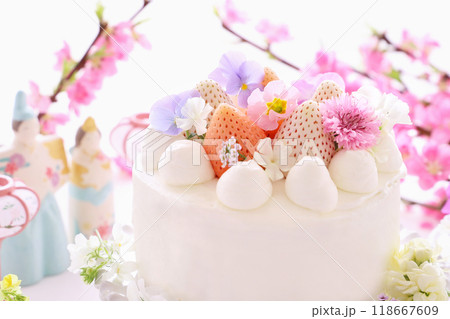 かわいいおひな祭り 淡雪いちごとパールホワイトいちごとお花のケーキ かわいいおひな祭り 淡雪いちごとパールホワイトいちごとお花のケーキ 118667609