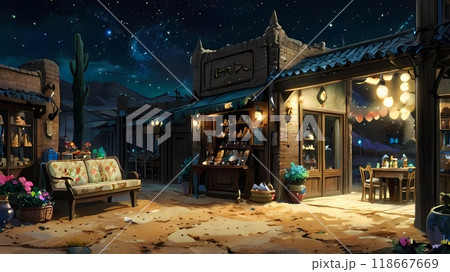 ゲーム背景　夜の砂漠都市の雑貨屋店前の風景 118667669