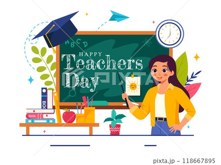 Happy Teacher's Day Vector Illustration featuring School Supplies such as Blackboards, Pencils, Bags, Books, and Other Items in Flat Background Happy Teacher's Day Vector Illustration featuring School Supplies such as Blackboards, Pencils, Bags, Books, and Other Items in Flat Background 118667895