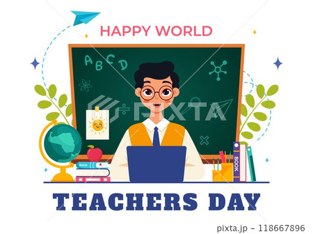 Happy Teacher's Day Vector Illustration featuring School Supplies such as Blackboards, Pencils, Bags, Books, and Other Items in Flat Background Happy Teacher's Day Vector Illustration featuring School Supplies such as Blackboards, Pencils, Bags, Books, and Other Items in Flat Background 118667896