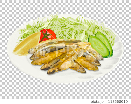 Silver-stripe round herring tempura (with plate and salad) 118668010