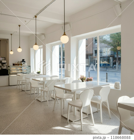 白いテーブルと椅子　カフェ 118668088