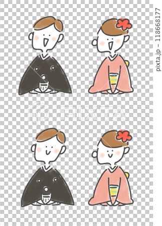 穿著和服、臉部表情設定、鞠躬、坐直的男女互相問候 118668177