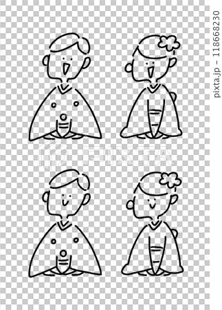 Men and women in kimonos greeting each other, set, bow, line drawing Men and women in kimonos greeting each other, set, bow, line drawing 118668230