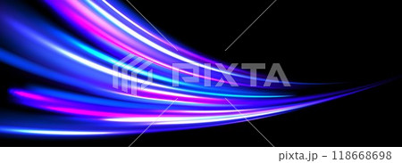 Glowing neon light trail background. Bright blue purple speed lines. Magic luminous curved swirl concept. Abstract bent dynamic moving stripes. Bright streaks for poster, banner, flyer. Vector Glowing neon light trail background. Bright blue purple speed lines. Magic luminous curved swirl concept. Abstract bent dynamic moving stripes. Bright streaks for poster, banner, flyer. Vector 118668698