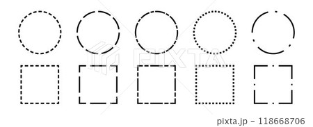 Black dashed frame collection. Dashed outline circle and square border set. Geometric dotted rectangular and round shape pack. Outline cut out element design bundle for poster, banner, flyer. Vector 118668706