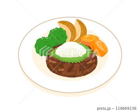 和風おろしハンバーグと野菜の付け合わせのイラスト 118669136