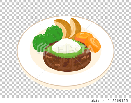 和風おろしハンバーグと野菜の付け合わせのイラスト 118669136