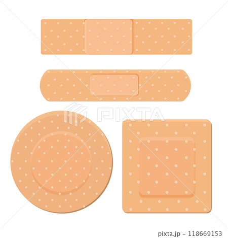 Medical plaster, strip. Breathable patch set. Firs aid tape, Different shapes. Recovery tape isolated on white background Medical plaster, strip. Breathable patch set. Firs aid tape, Different shapes. Recovery tape isolated on white background 118669153