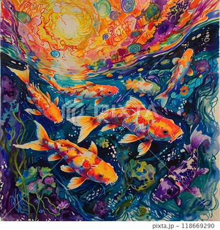 透明水彩画で描かれた異世界風の色鮮やかな日本の鯉 118669290