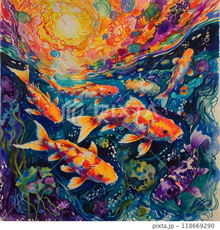 透明水彩画で描かれた異世界風の色鮮やかな日本の鯉 118669290