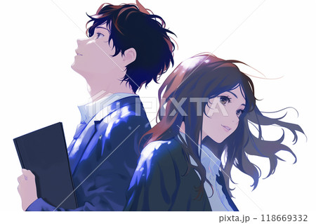 男女の学生　背中合わせで空を見上げる 118669332