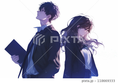 男女の学生 背中合わせで空を見上げる 男女の学生 背中合わせで空を見上げる 118669333