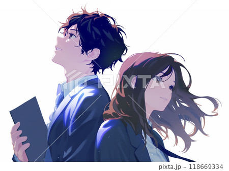 男女の学生 背中合わせで空を見上げる 男女の学生 背中合わせで空を見上げる 118669334