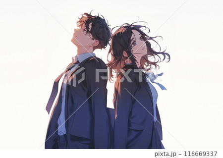 男女の学生　背中合わせで空を見上げる 118669337
