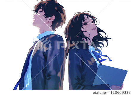 男女の学生　背中合わせで空を見上げる 118669338