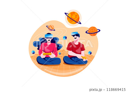 Teenager having fun play VR virtual reality glasses sports game metaverse 118669415