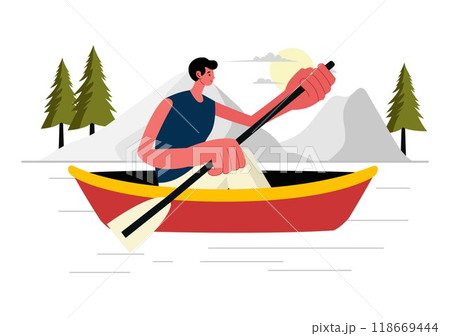 People Enjoying Rowing Vector Illustration with Canoes and Sailing on a River or Lake in Active Water Sports in a Flat Style Cartoon Background 118669444