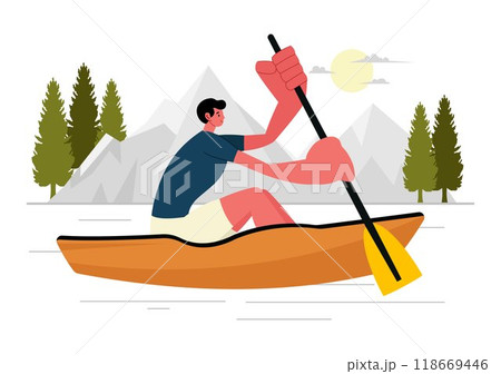 People Enjoying Rowing Vector Illustration with Canoes and Sailing on a River or Lake in Active Water Sports in a Flat Style Cartoon Background 118669446