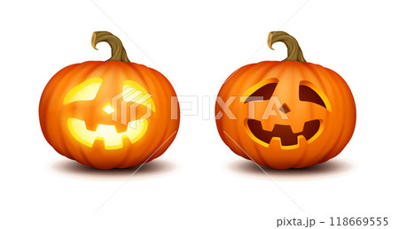 Carved pumpkins lit and dark realistic color icons set 118669555