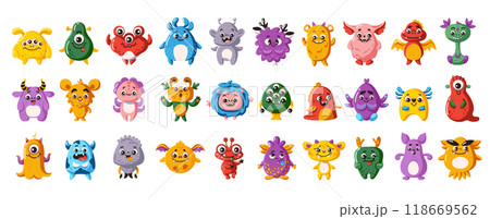 Funny alien monsters characters flat color vector icon set 118669562