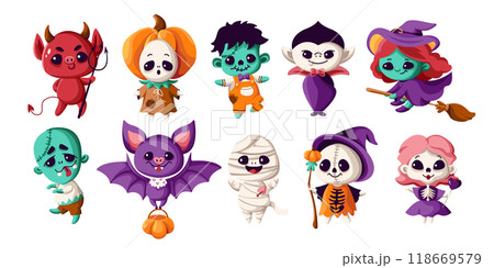 Halloween monsters characters flat color vector icon set Halloween monsters characters flat color vector icon set 118669579