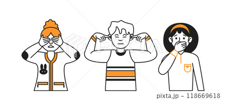 Kids covering ears eyes and mouth vector icons set Kids covering ears eyes and mouth vector icons set 118669618