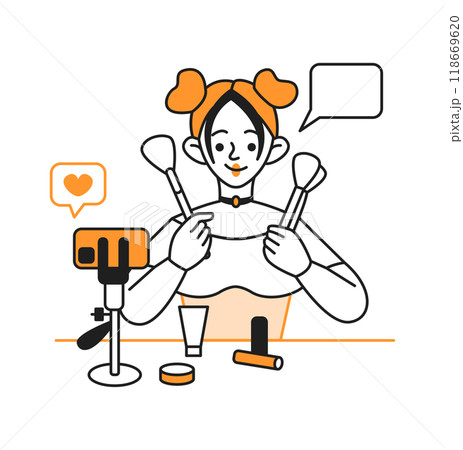Woman shows makeup tutorial during stream line vector icon Woman shows makeup tutorial during stream line vector icon 118669620
