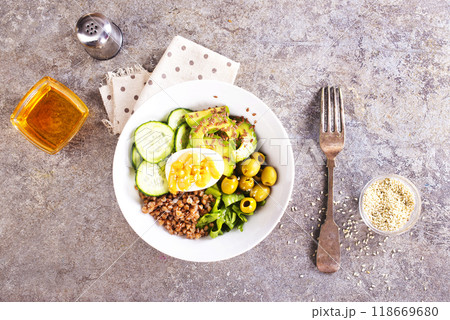 backwheat and vegetables on white plate backwheat and vegetables on white plate 118669680