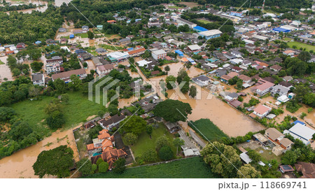 Aerial view of suburb area in Chiang Rai downtown flooding by Kok river after typhoon Yagi has swept Southeast Asia. 118669741