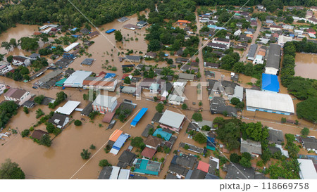 Aerial view of suburb area in Chiang Rai downtown flooding by Kok river after typhoon Yagi has swept Southeast Asia. 118669758