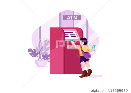 Little boy getting money from atm 118669989
