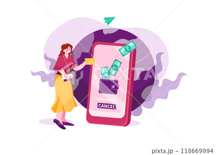 Woman doing an online international transaction 118669994