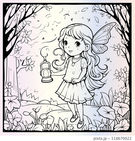 Fireflies Cute Little Girl Coloring Page for Kids Fireflies Cute Little Girl Coloring Page for Kids 118670022