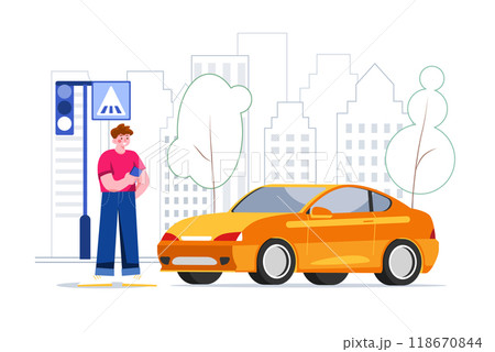 A man with a smartphone standing near the car 118670844