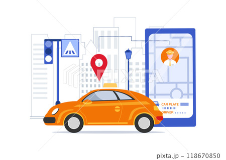 Online mobile taxi service app. Taxi in mobile and navigation or location city map 118670850