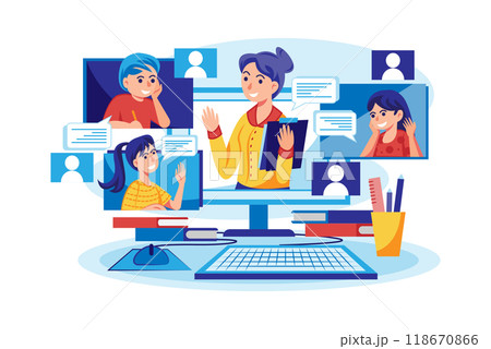 Students learn and discuss with an online teacher. Students learn and discuss with an online teacher. 118670866