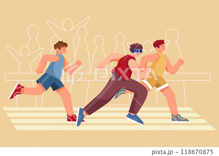 Man in VR glasses and virtual athletes during sport running a competition Man in VR glasses and virtual athletes during sport running a competition 118670875