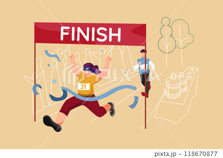 Woman in VR headset running and winning 118670877