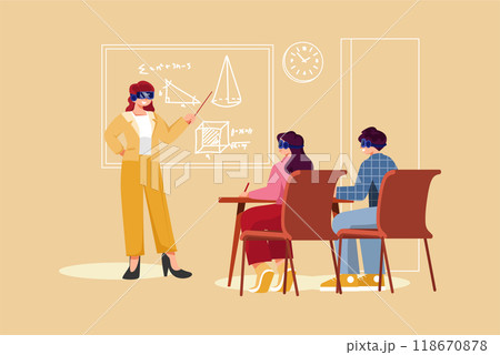 Students and teachers wearing virtual reality glasses studying in the classroom Students and teachers wearing virtual reality glasses studying in the classroom 118670878