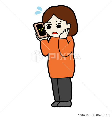 スマホで通話する困り顔の女性のイラスト 118671349