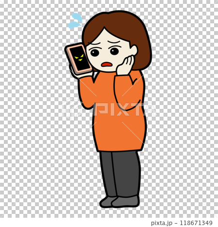 スマホで通話する困り顔の女性のイラスト 118671349