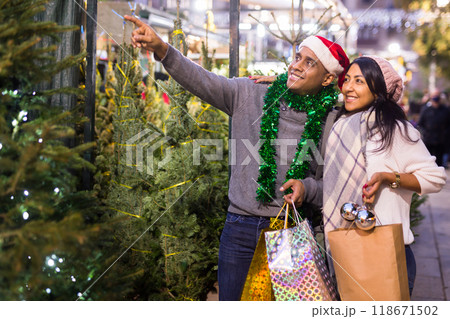 Positive woman and man buying Christmas tree and toys at Christmas Fair 118671502