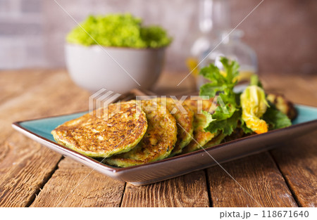 Close up view of vegetable pancakes. 118671640