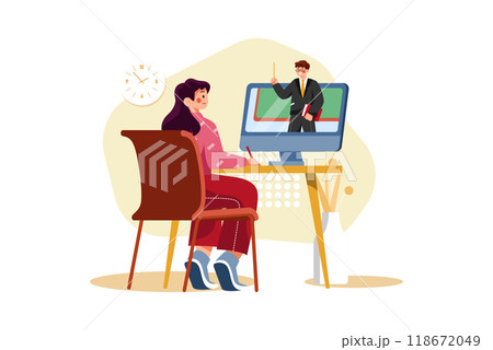 Girl student watching a virtual class on computer 118672049