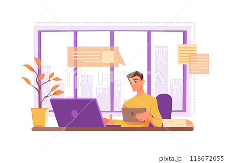 Young men using digital tablet and laptop in office 118672055